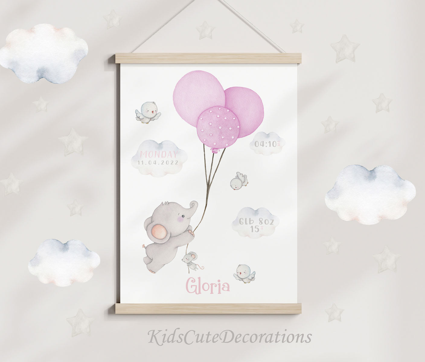 Elephant birth details print. New baby girl.