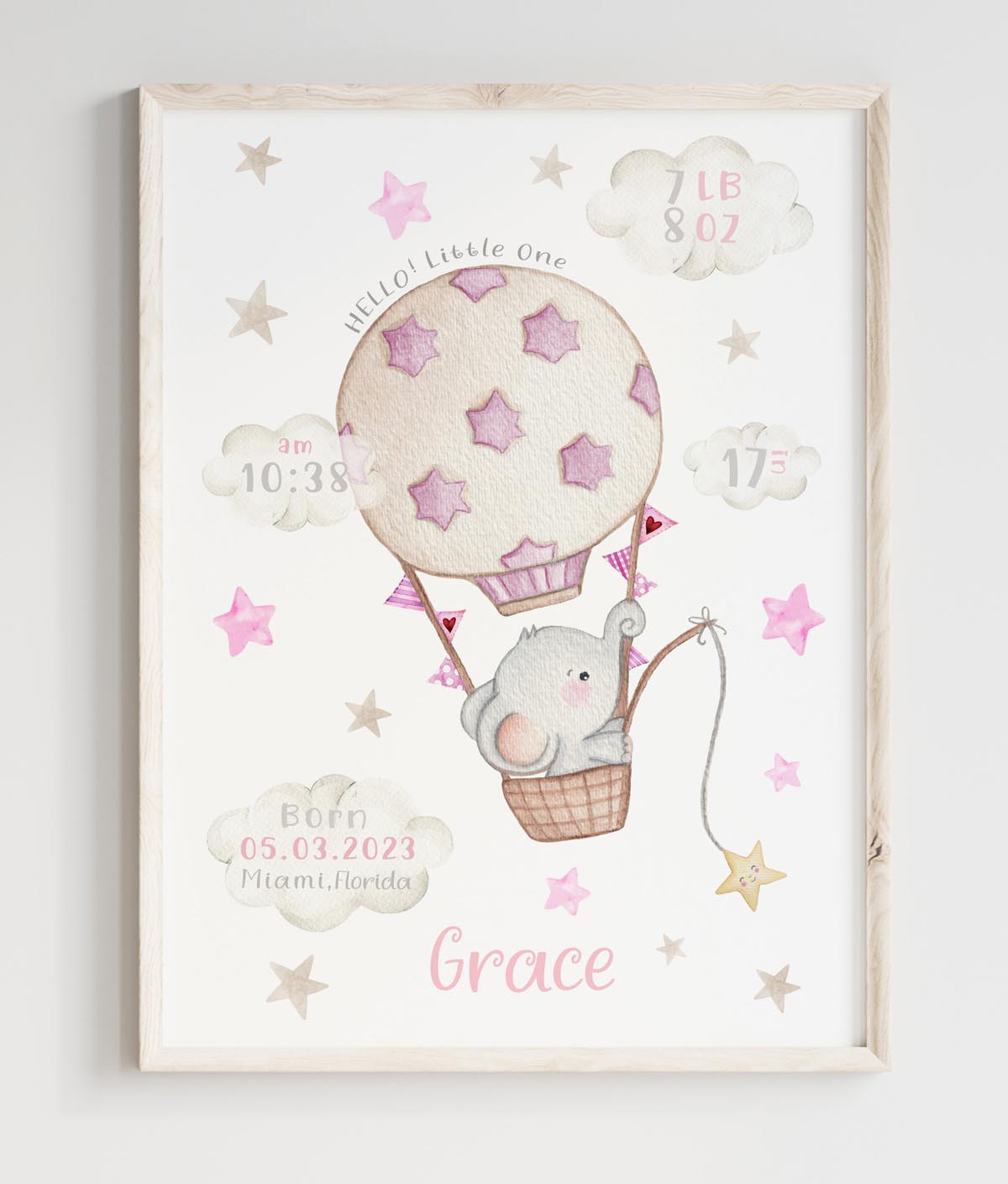 Elephant birth details print. New baby girl.