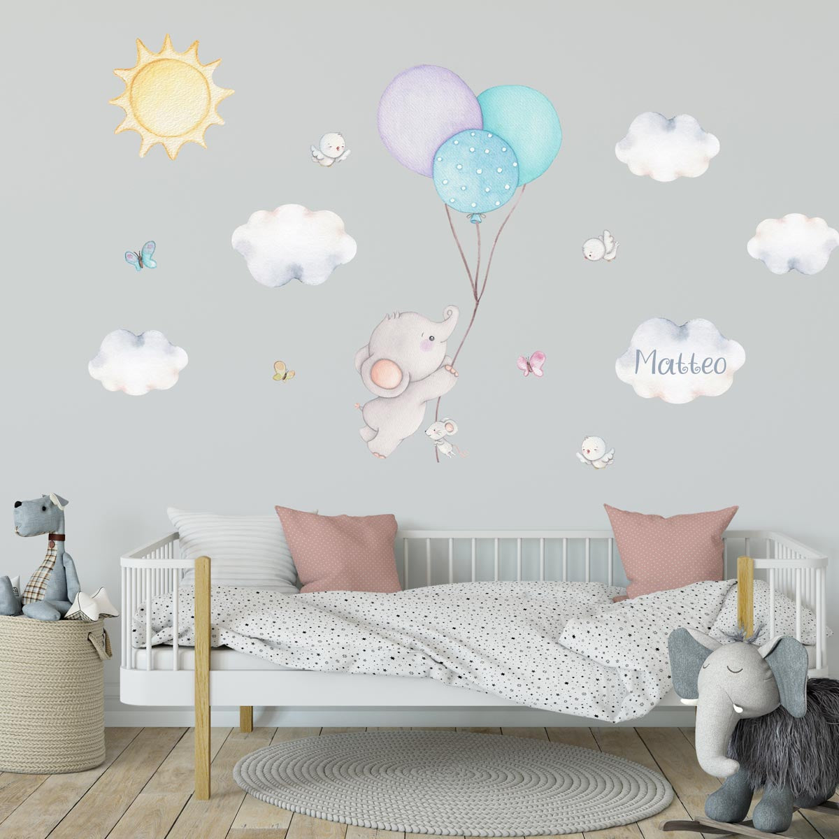 Elephant boy nursery big wall decals. Blue balloons, clouds.