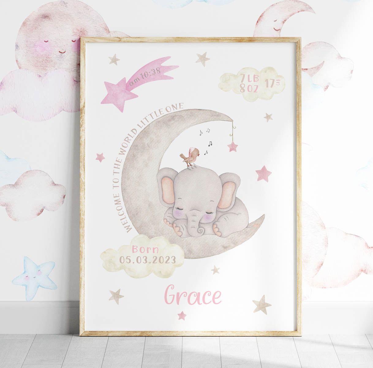 Elephant and clouds. Baby birth stats print. Pink stars.