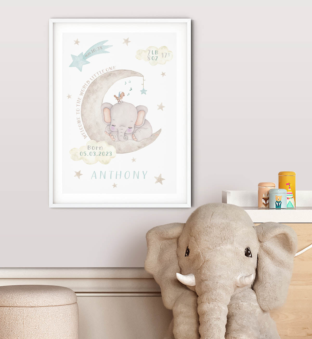 Elephant, clouds, stars. Baby boy birth print. Keepsake.