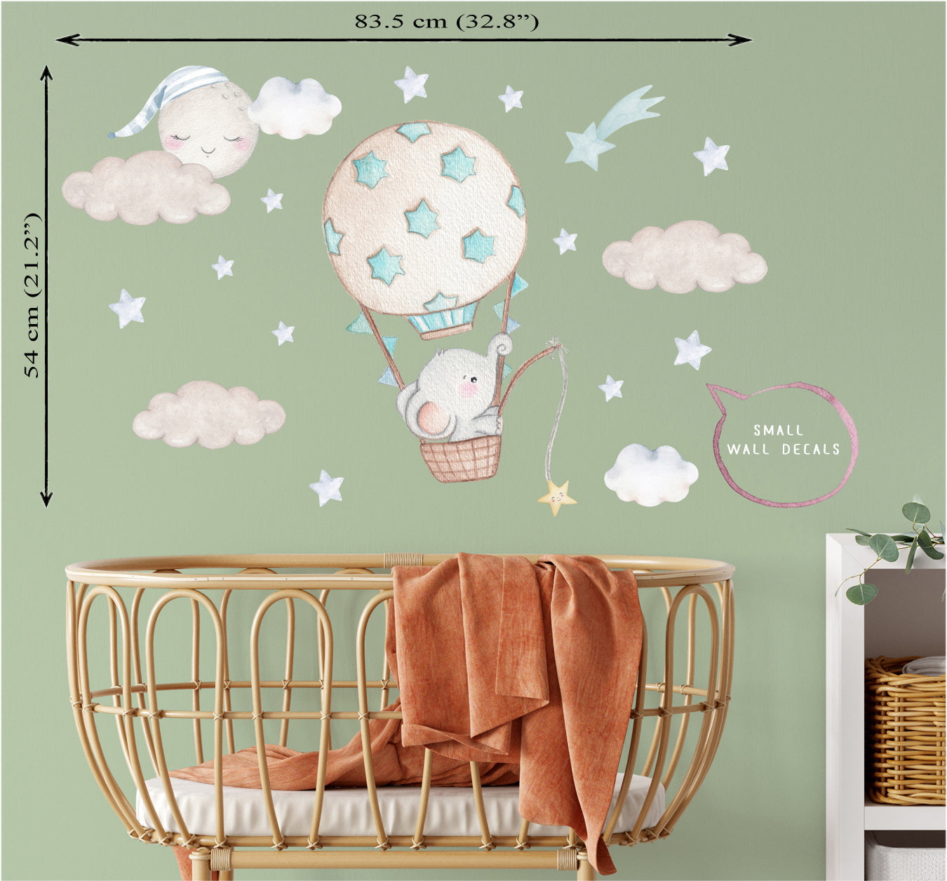 The elephant in the hot air balloon. Baby's room small wall decals. Blue stars.