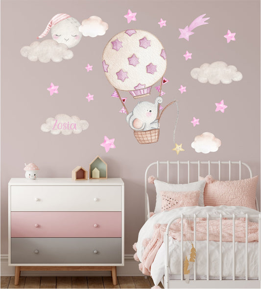 The elephant in the hot air balloon. Girl's room wall decals. Pink stars.