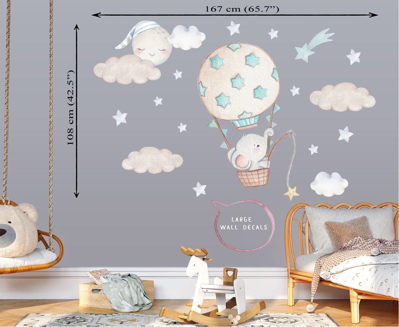 The elephant in the hot air balloon. Big wall stickers for boy's room. Blue stars.