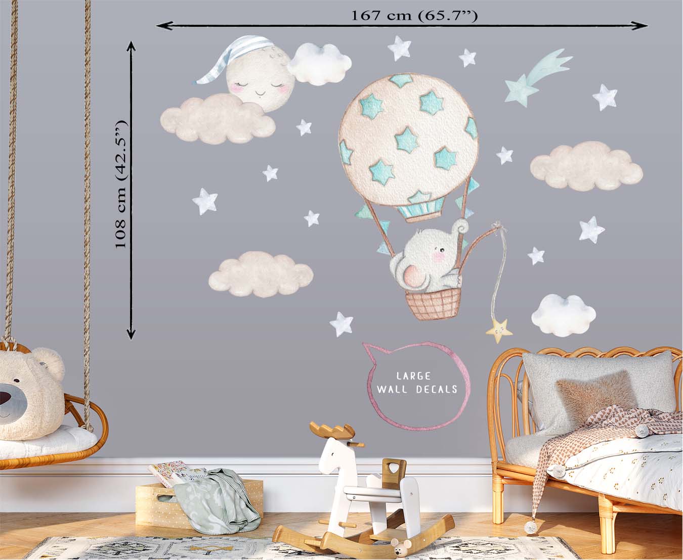 The elephant in the balloon. Big wall stickers for boy's room. Blue stars.