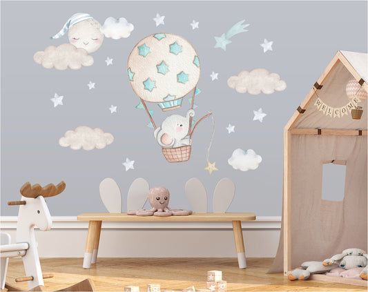 The elephant in the hot air balloon. Boy's room wall decals. Blue stars.