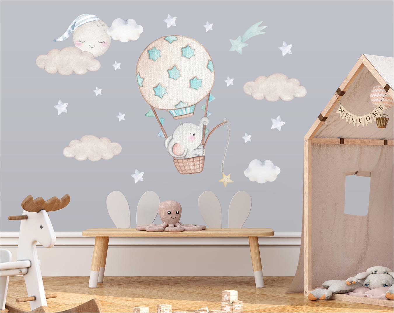 The elephant in the balloon. Boy room wall decals. Blue stars.