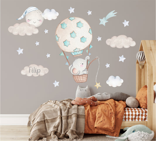 The elephant in the balloon. Wall decals for a child's room. Blue stars.
