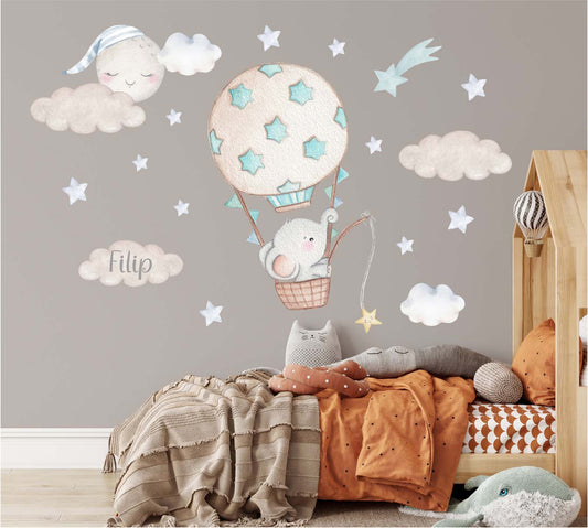 The elephant in the balloon. Wall decals for child's room. Blue stars.