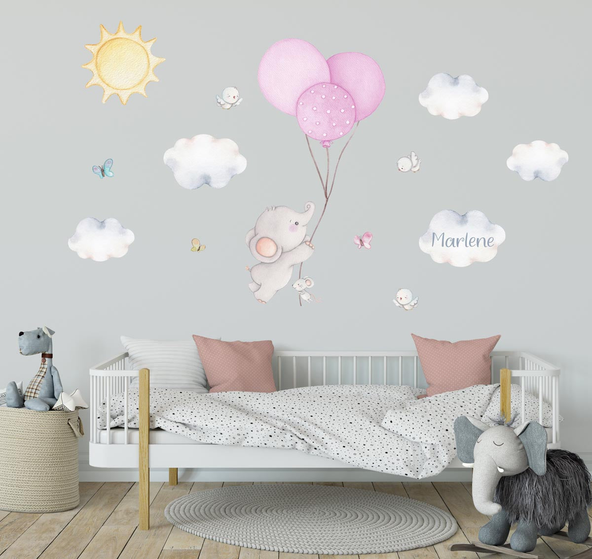 Elephant large wall decals. Girls room balloons, clouds.