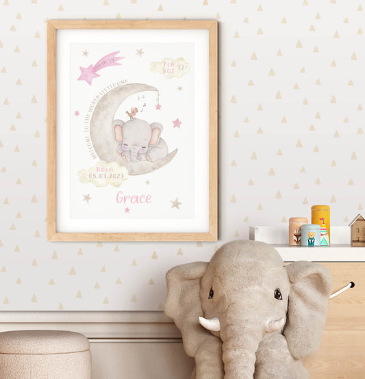 Elephant on moon. Birth details print. New baby girl.