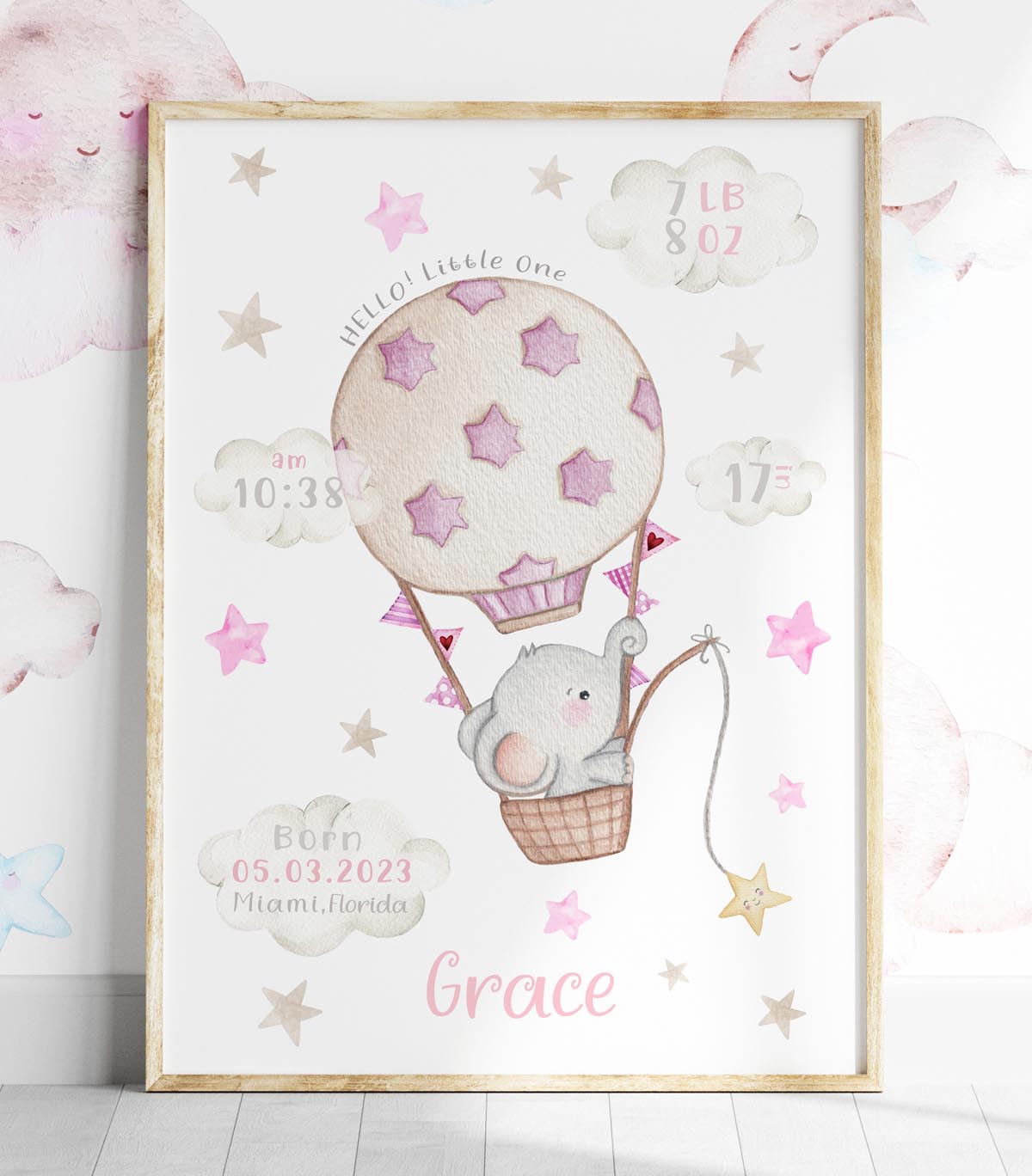 Elephant new baby birth poster. Pink balloon. Newborn gift.