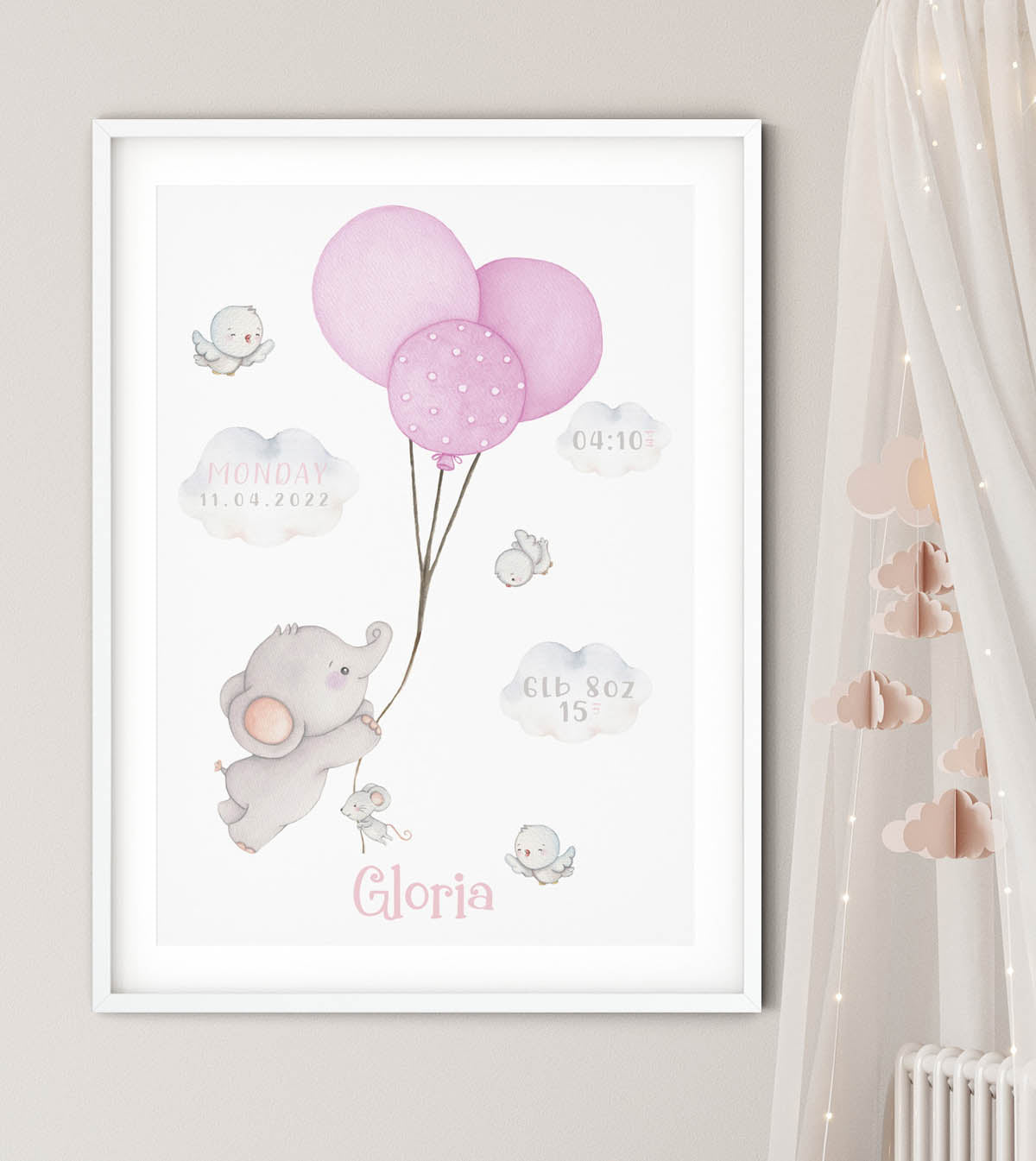 Elephant new baby birth poster. Pink balloons. Newborn gift.