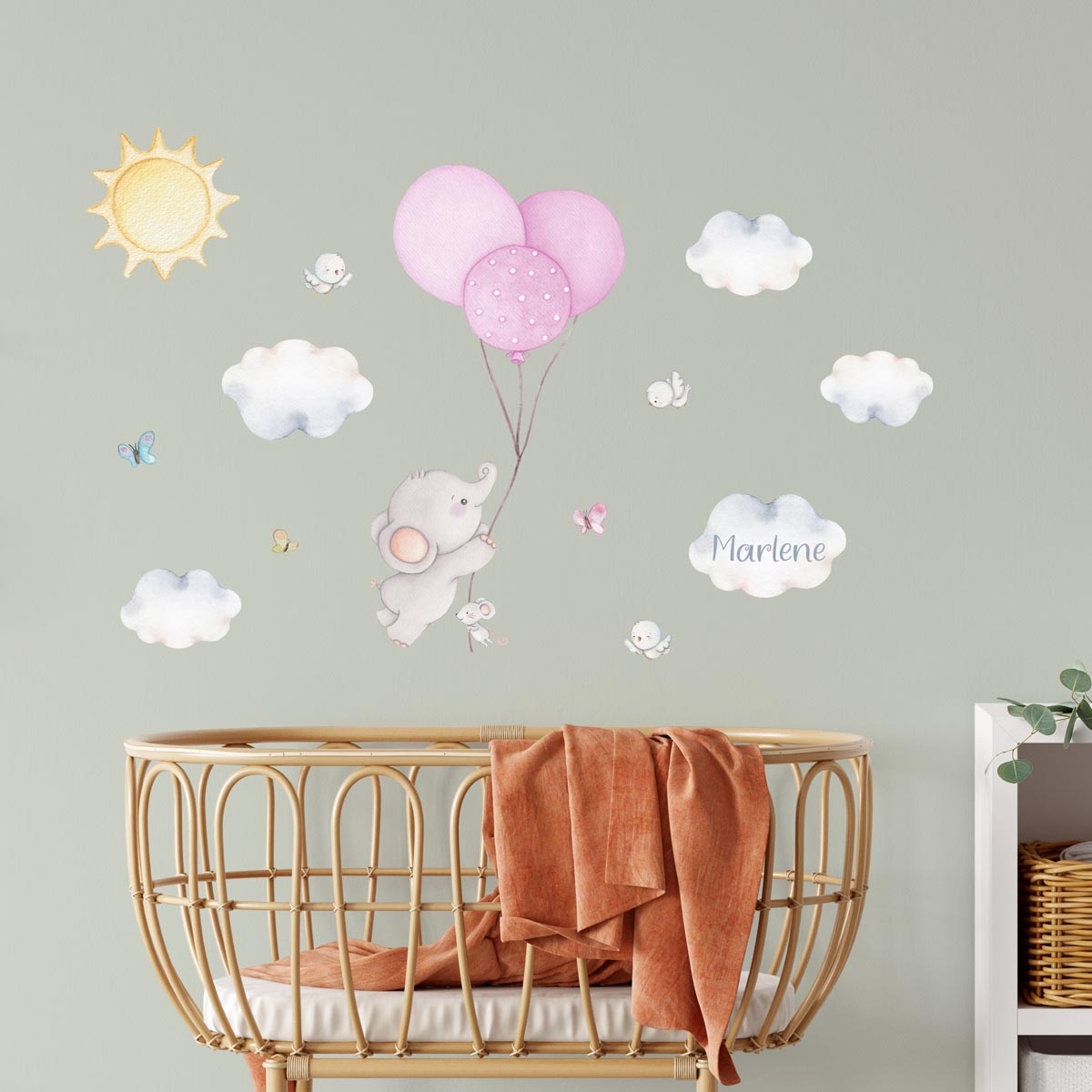 Elephant, pink balloons - baby nursery small wall decals.