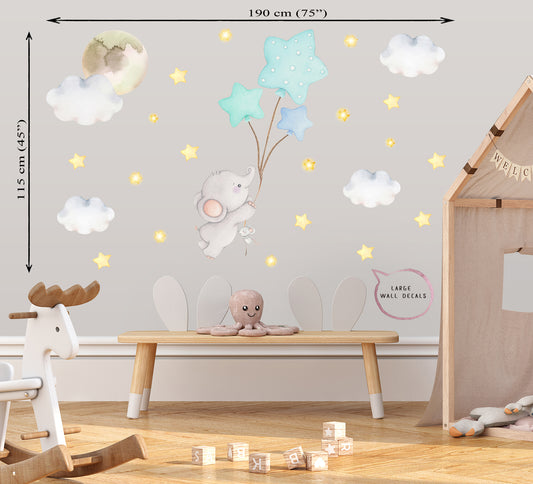 Elephant with balloons. Big wall stickers for boy's room. Gold stars.