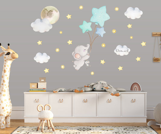 Elephant with balloons. Personalized large wall stickers for a boy. Clouds.