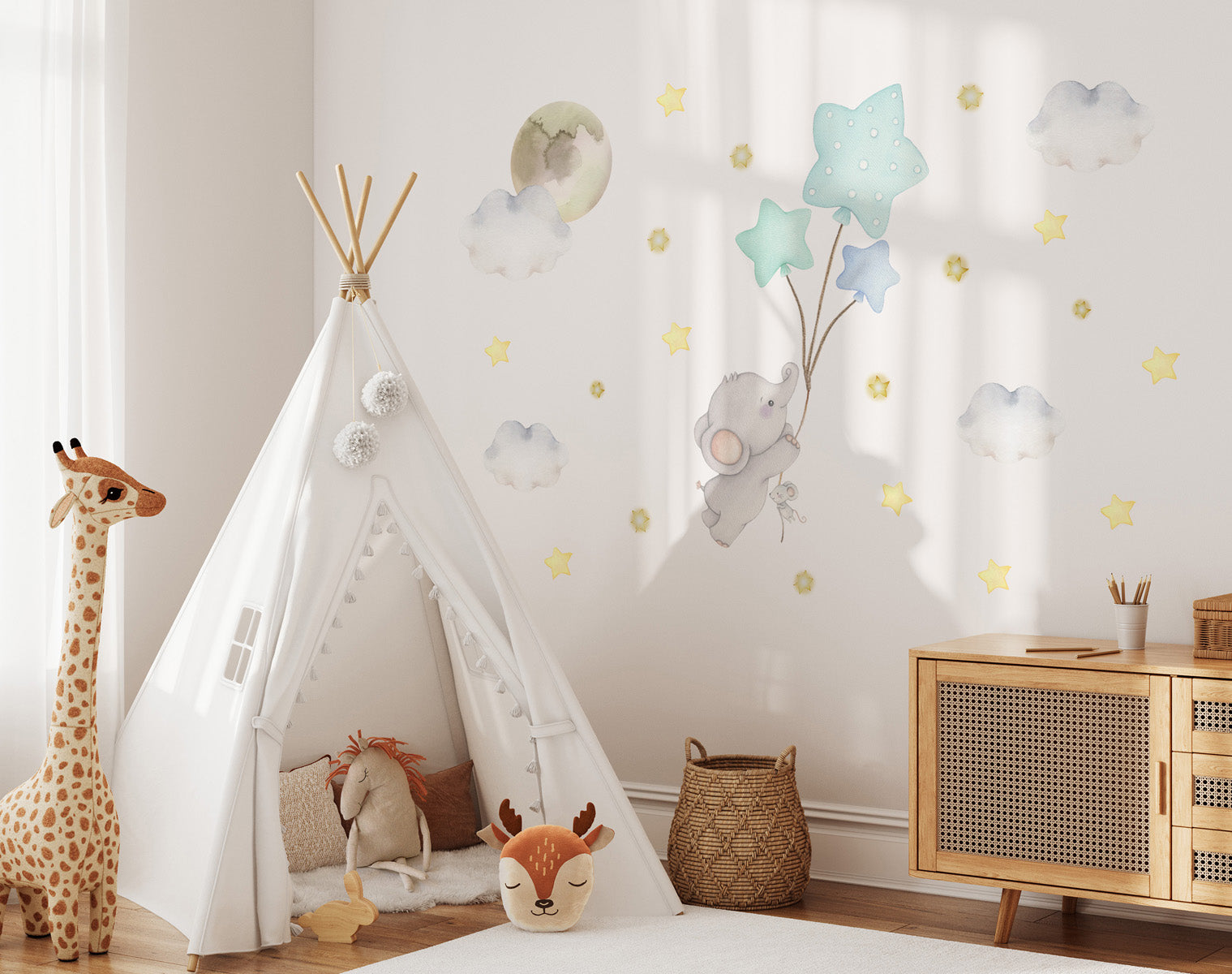 Elephant with balloons. Clouds. Boy's room big wall stickers. Golden stars.