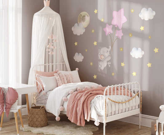 Elephant with balloons. Clouds. Big wall decals for girl's room. Gold stars.