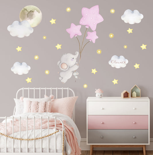 Elephant with balloons. Personalized large wall decals for a girl. Clouds.