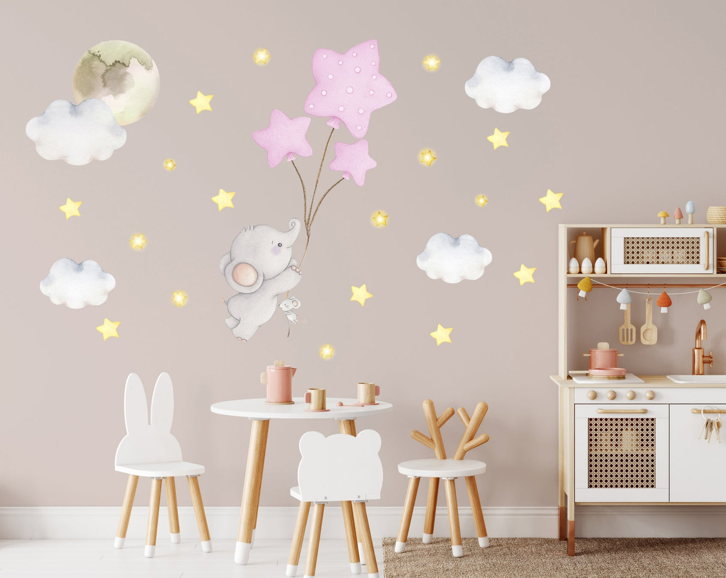 Elephant with balloons. Personalized large wall stickers for a girl. Clouds and stars.