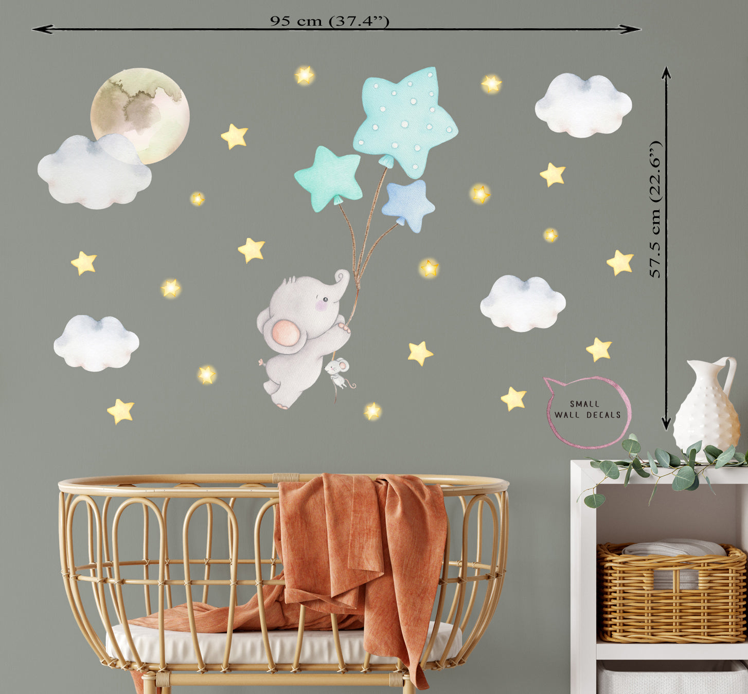 Elephant with balloons. Children's room small wall decals. Gold stars.