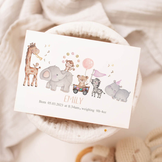 Elephant, zebra, jungle - birth details poster. New baby gift personalised.