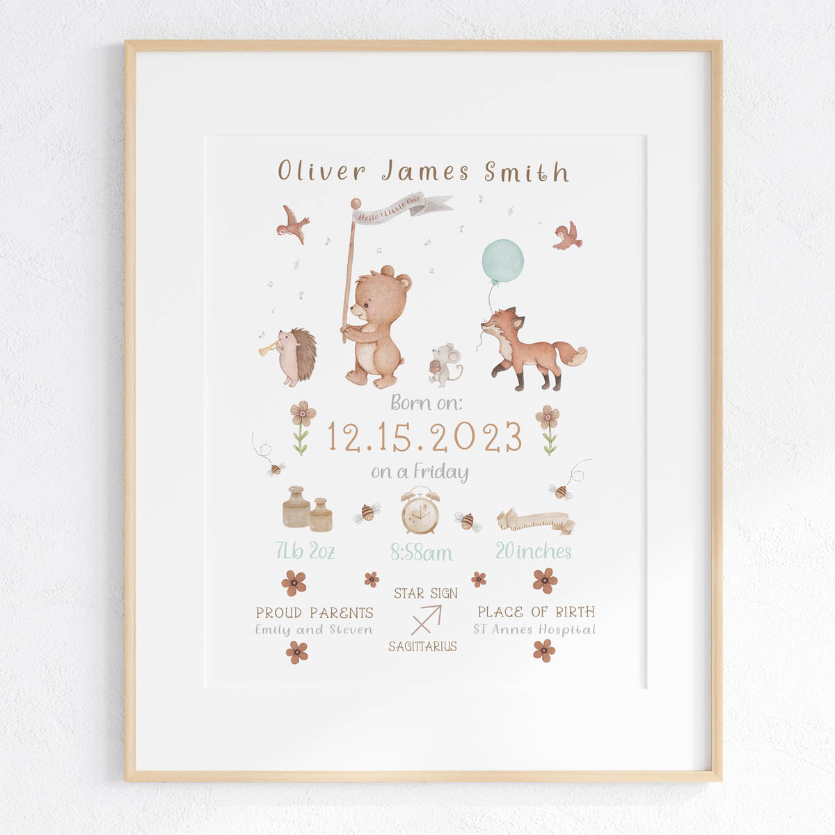 Forest animals - baby birth poster. Bear, fox. Baby shower gift.