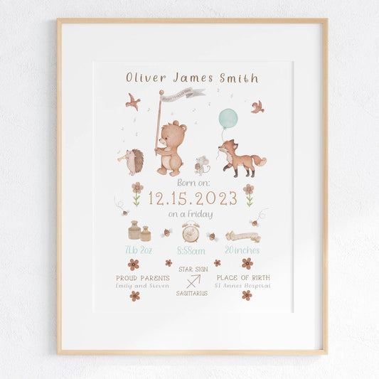 Forest animals - baby birth poster. Bear, fox. Baby shower gift.