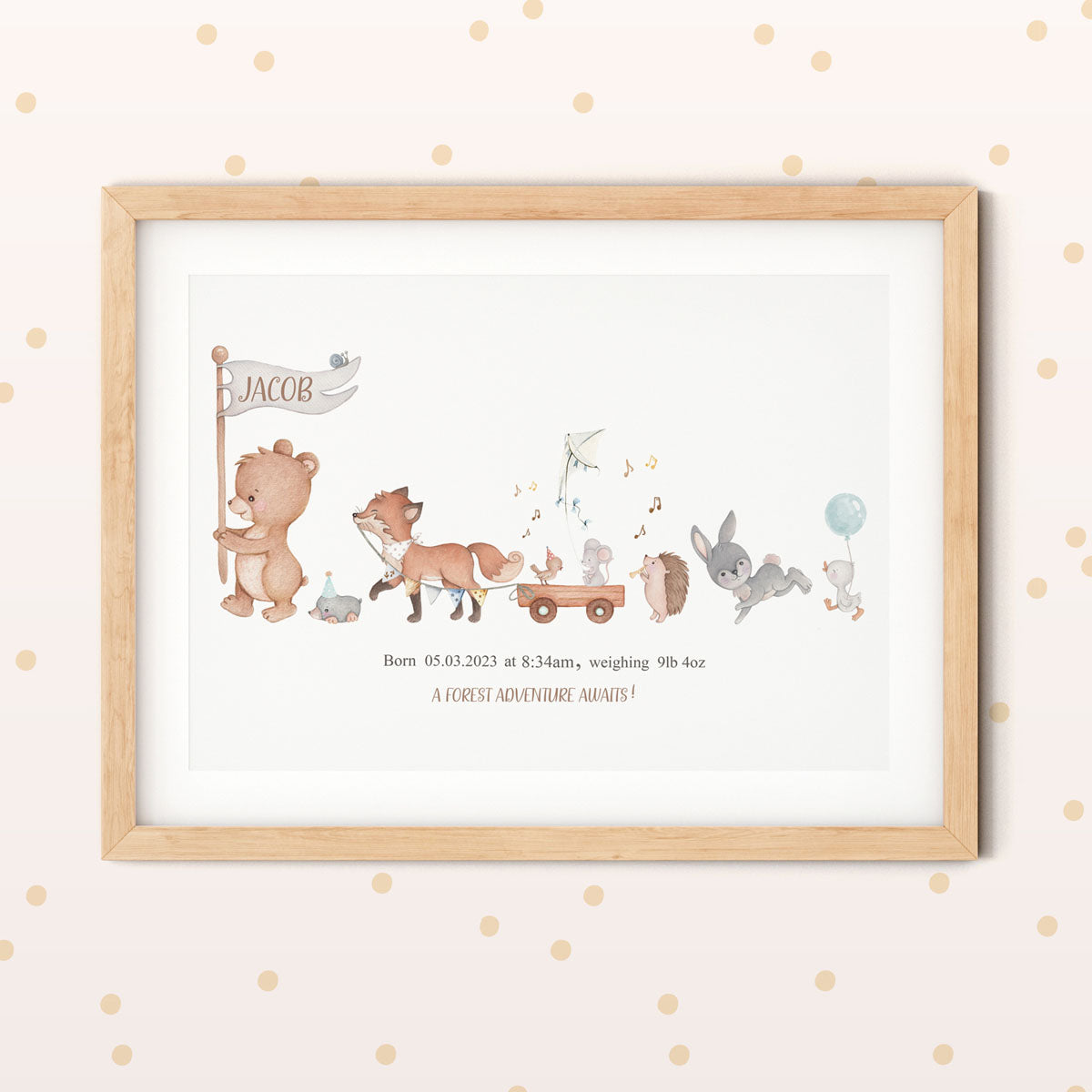 Forest animals. Baby birth print, bear, fox. Gift for boy.