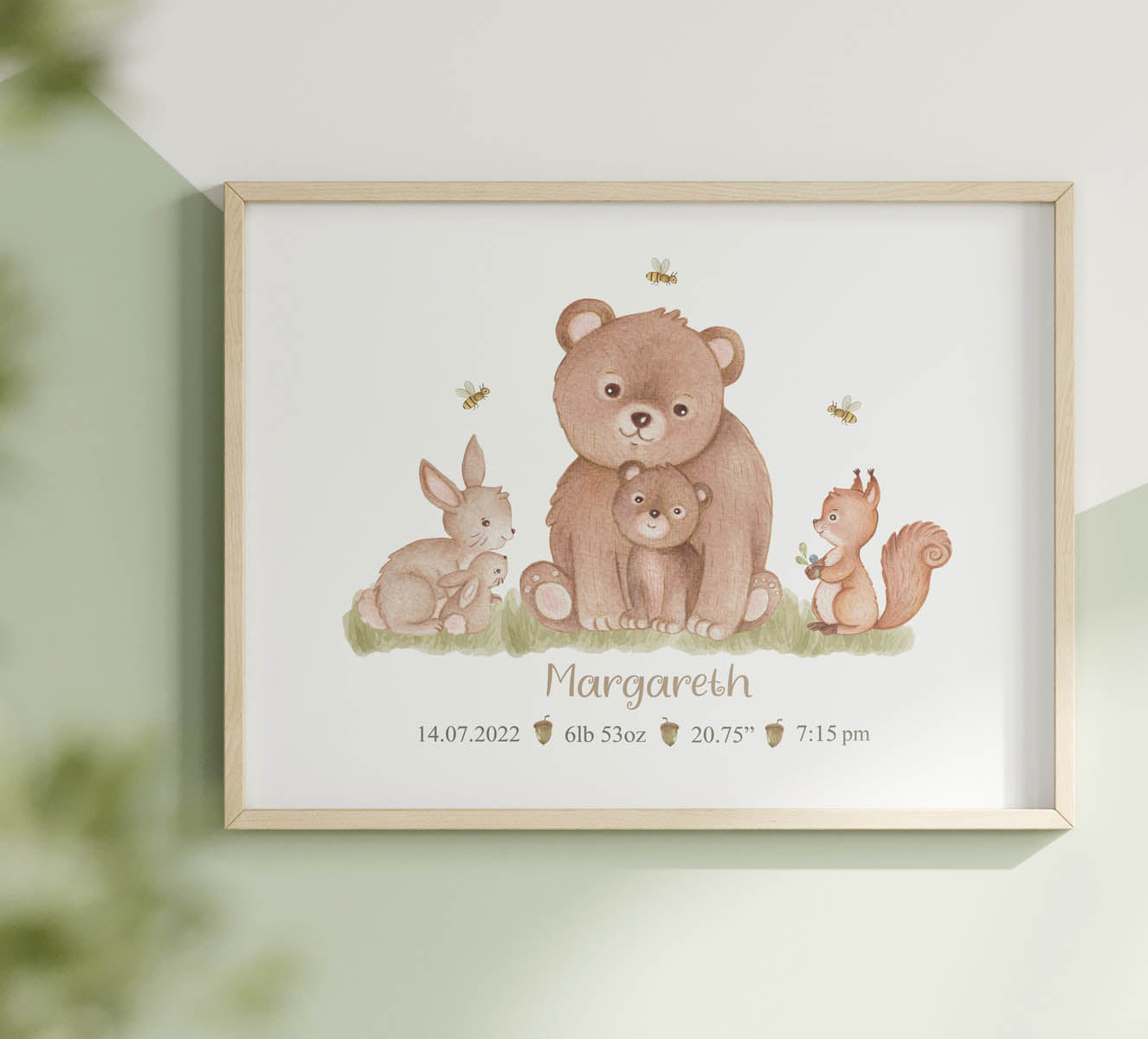 Forest animals - baby birth print. Bear, hare. Gift for boy.