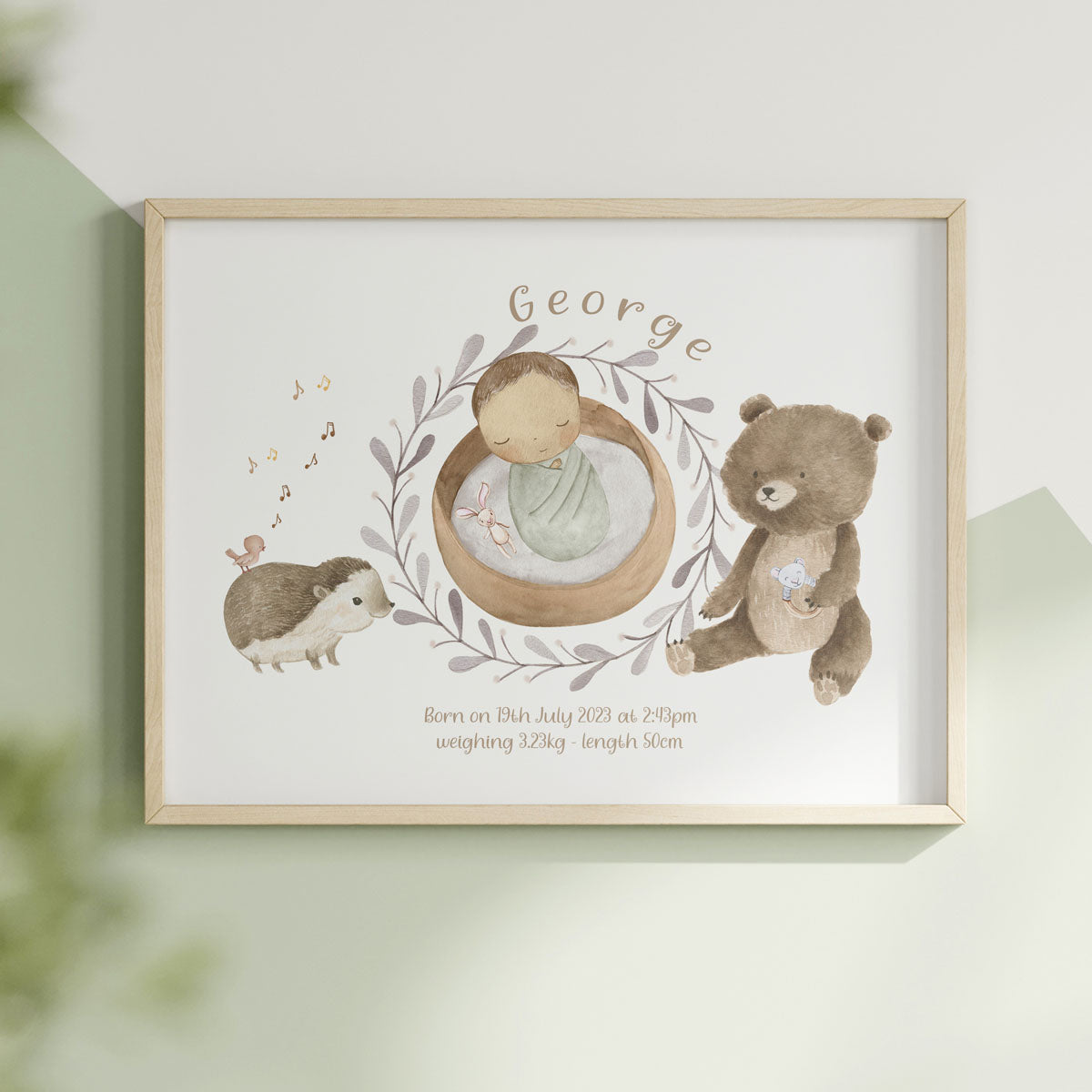 Forest animals - baby birth print. Bear, hedgehog. Gift for boy.