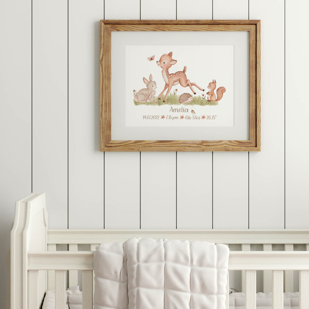 Forest animals - baby birth print. Deer, squirrel. Gift for boy.