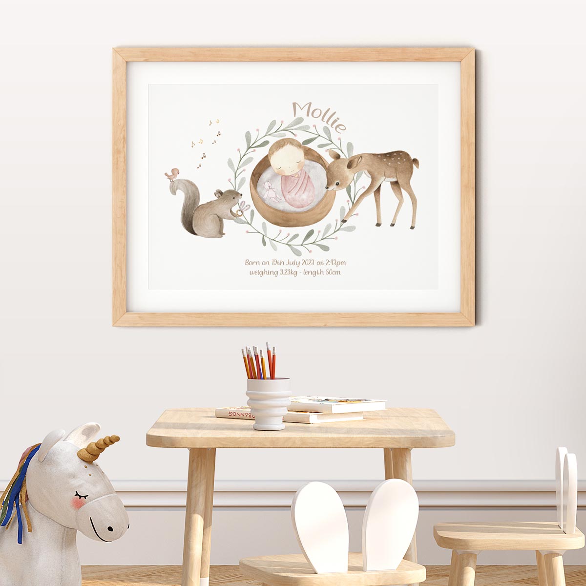 Forest animals - baby birth print. Deer, squirrel. Gift for girl.