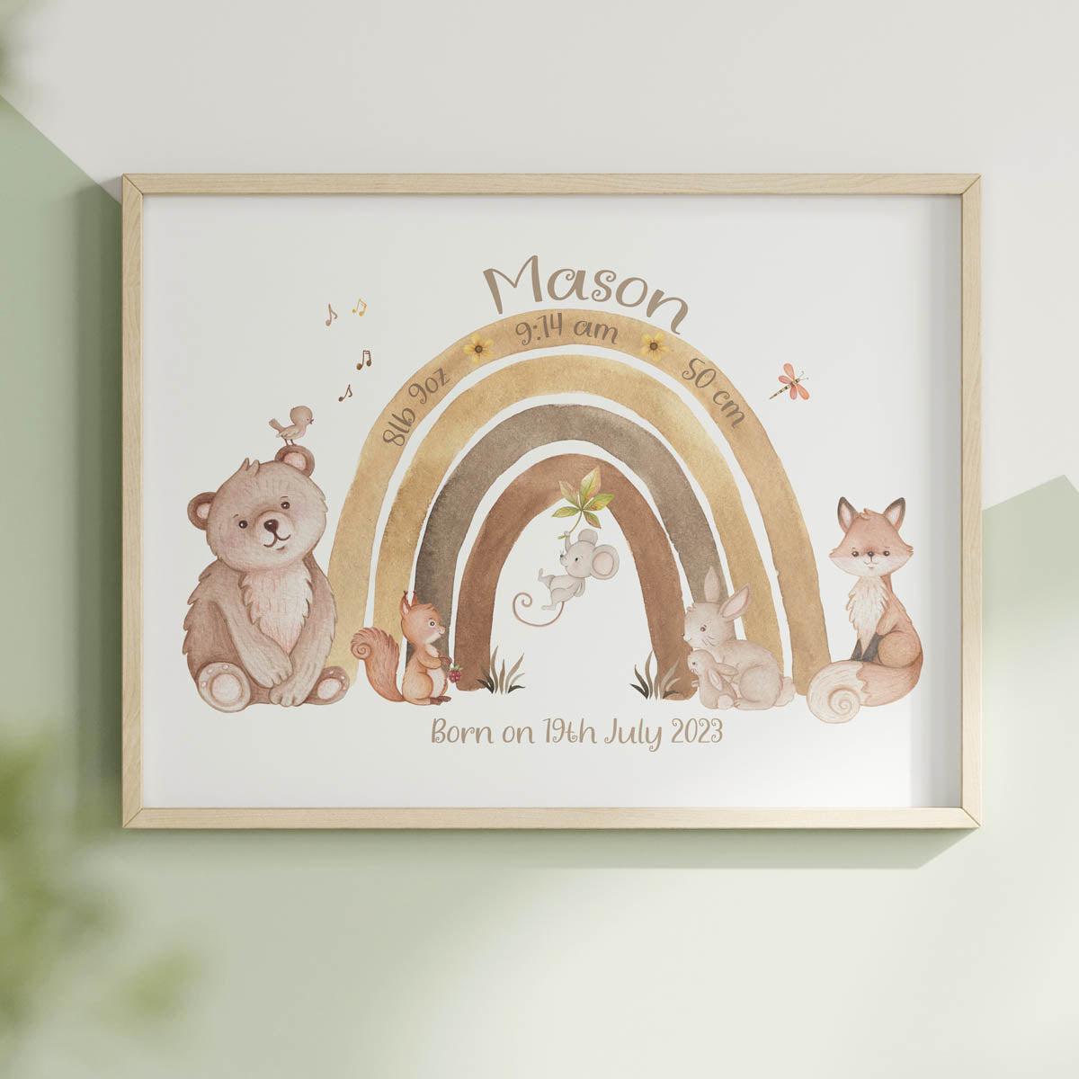 Forest animals - baby birth print. Rainbow. Gift for boy.