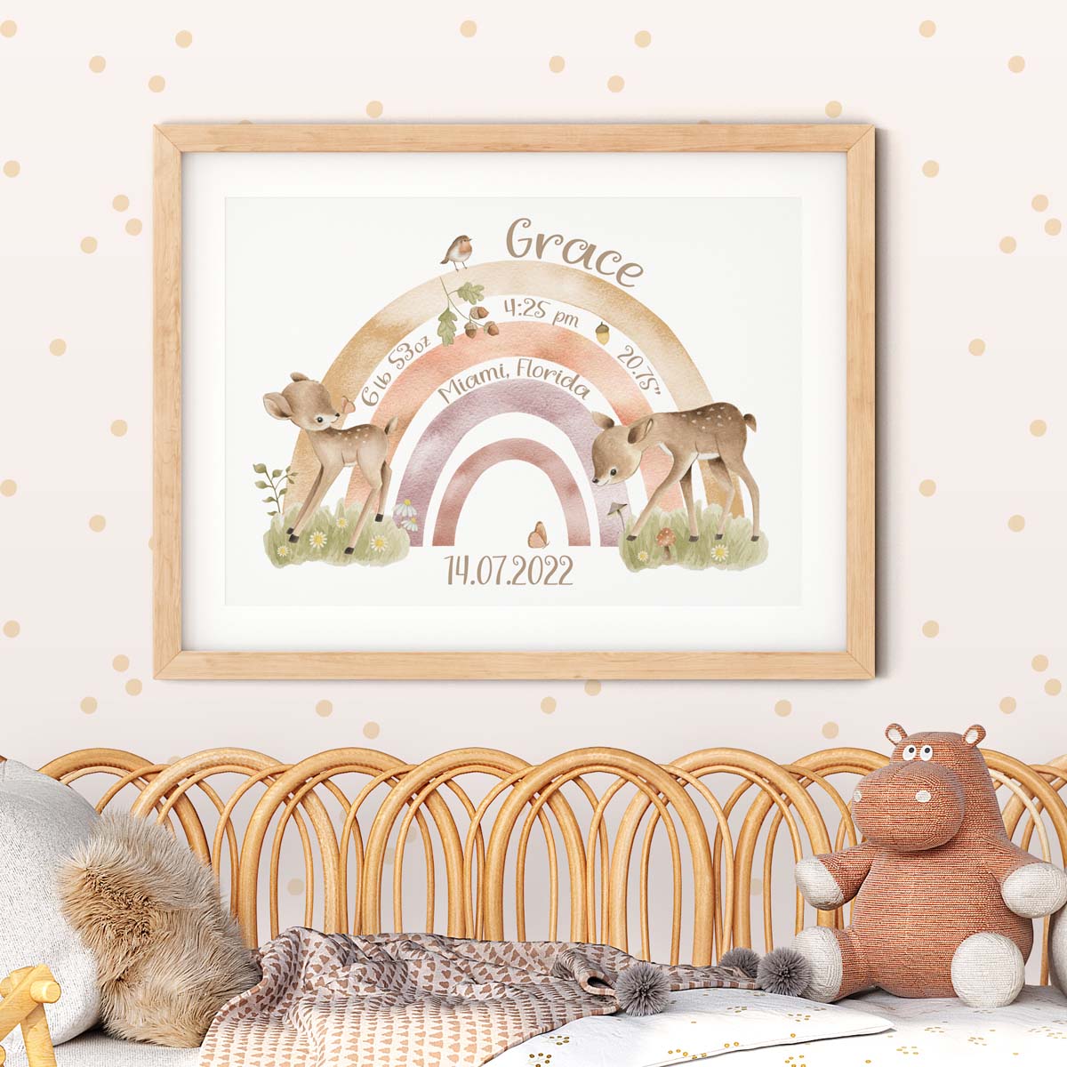 Forest animals - baby birth print. Rainbow, roe deer. Gift for girl.