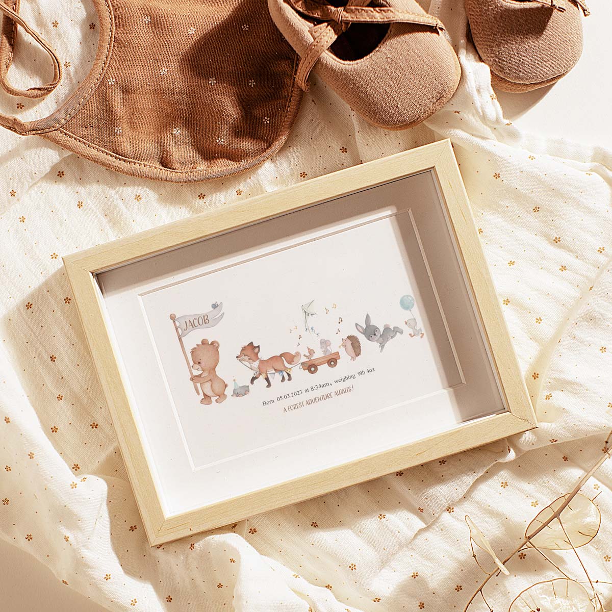 Forest animals. Baby boy birth print. Baby shower keepsake.