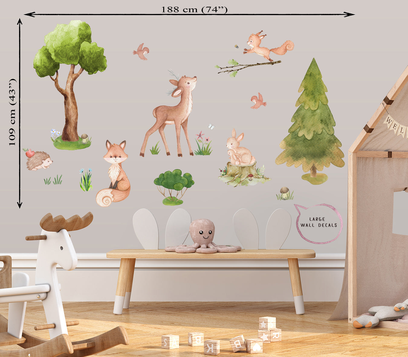 Forest animals - big wall decals for boy's room. Squirrel, fox and hare.
