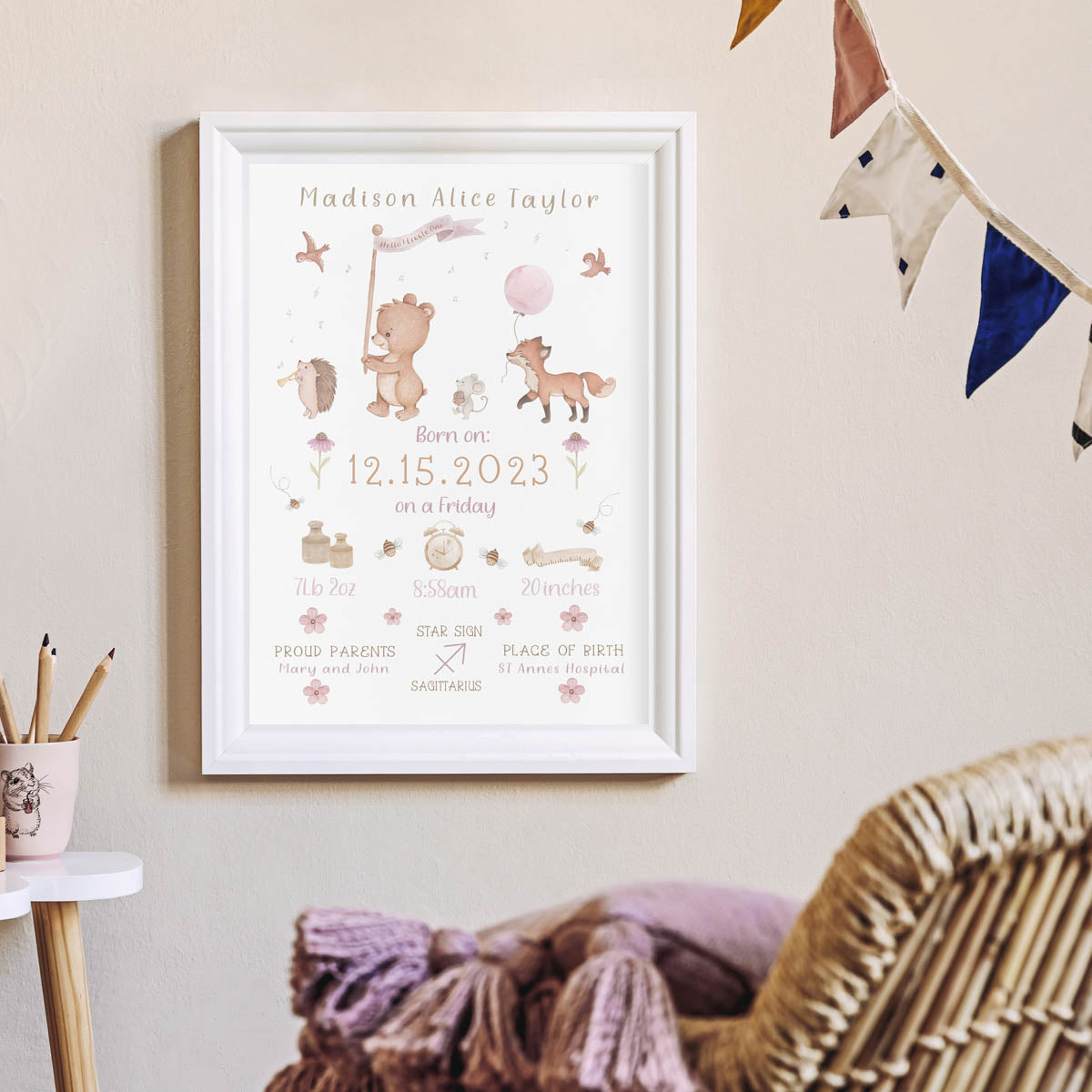 Forest animals birth chart print. New baby girl gift.