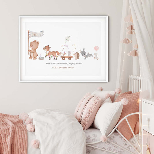 Forest animals. Birth details print for new baby girl.