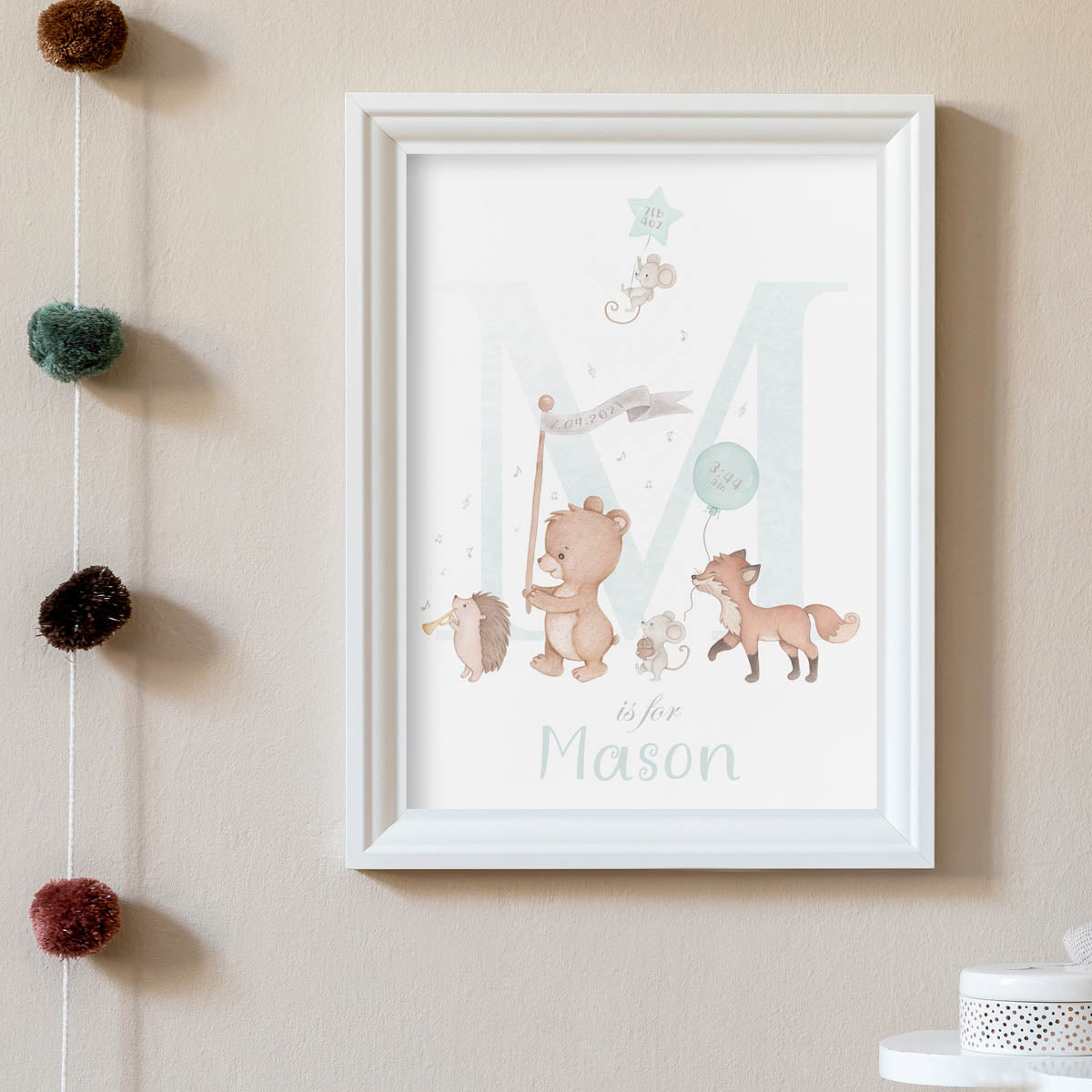 Forest animals, initial - baby birth print. Bear. Keepsake for boy.