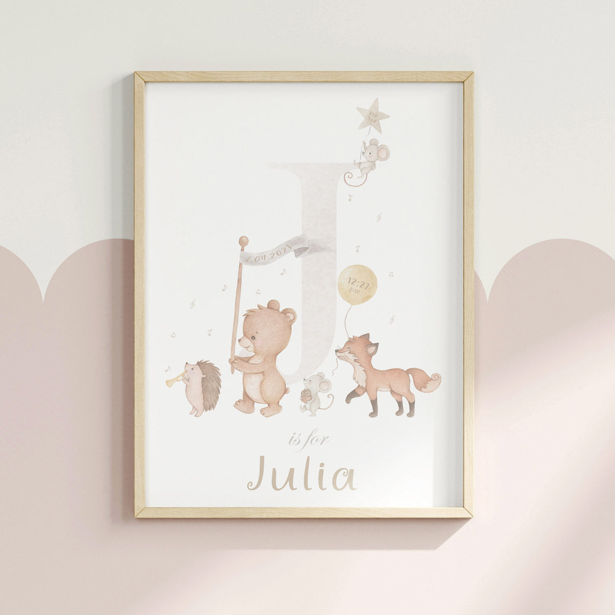 Forest animals, initial - baby girl birth chart print. Gift for girl.