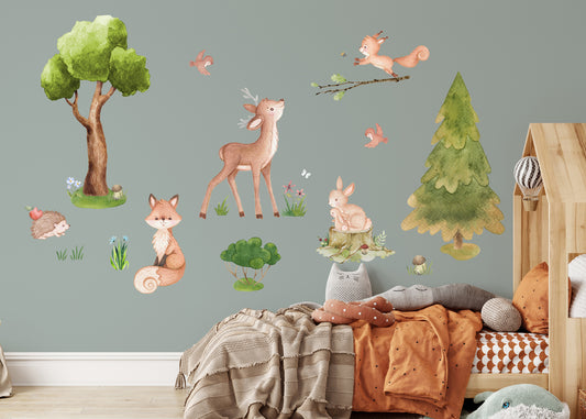 Forest animals - large wall decals for children's room. Fox, trees, deer and hare.