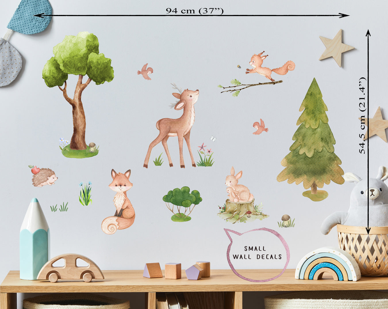 Forest animals - baby room small wall decals. Tree, squirrel, deer and fox.