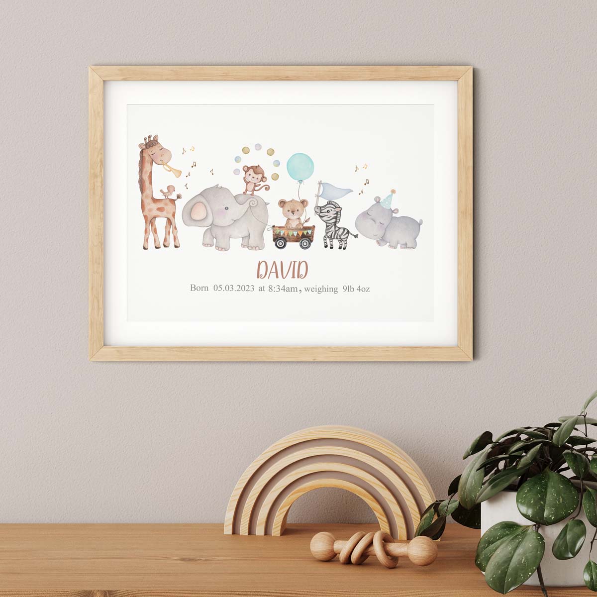 Jungle animals baby boy birth poster. Baby shower keepsake.