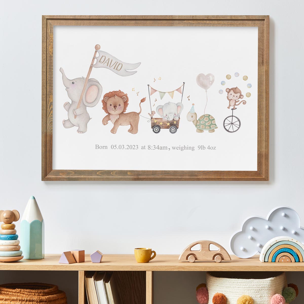 Jungle animals baby boy birth print. Baby shower keepsake.