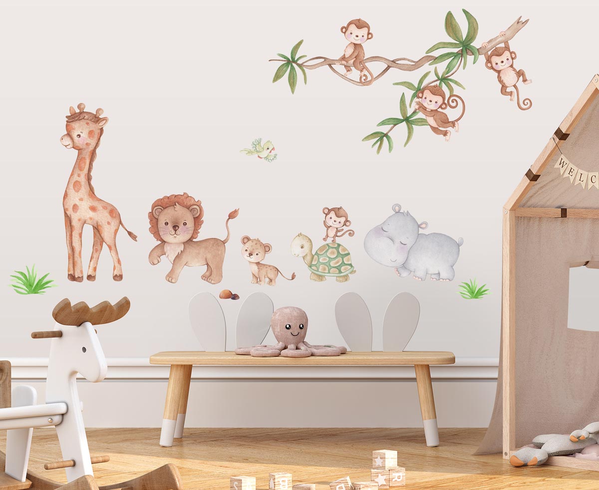 Jungle animals, giraffe, lion, hippo - wall stickers for child room.