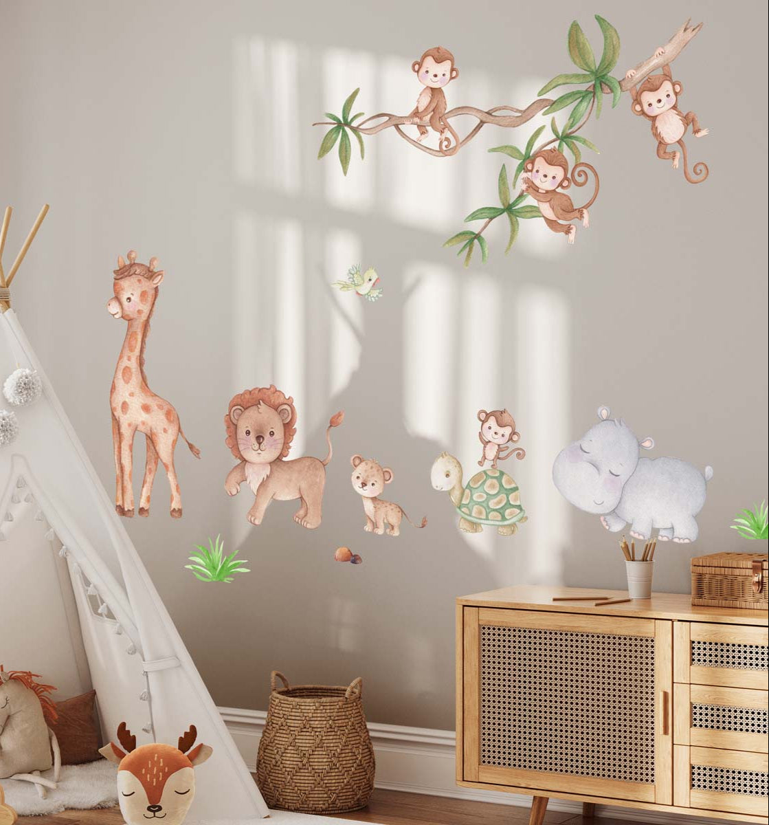 Lion, monkeys, giraffe - wall stickers for kids room.