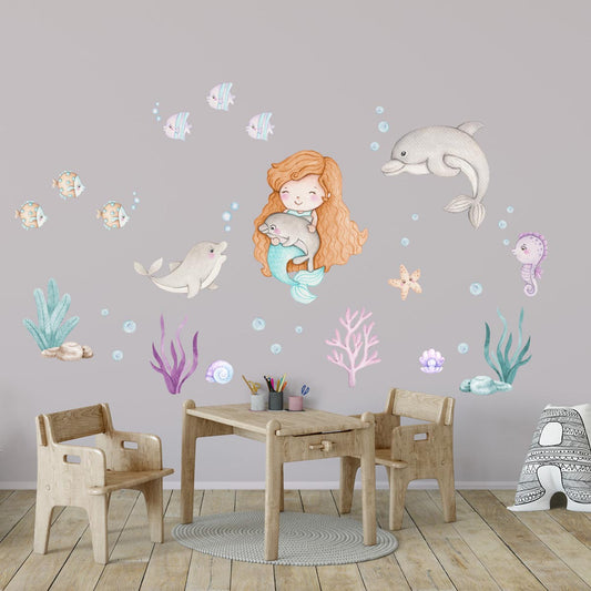 Mermaid, dolphins, ocean - large wall decals. Girl kid's room.