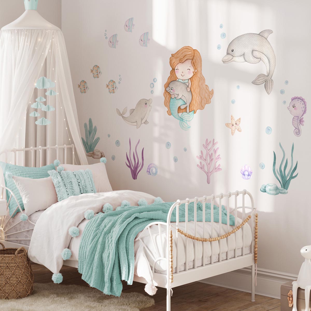 Mermaid, dolphins, ocean - large wall stickers. Kid's room for girl.