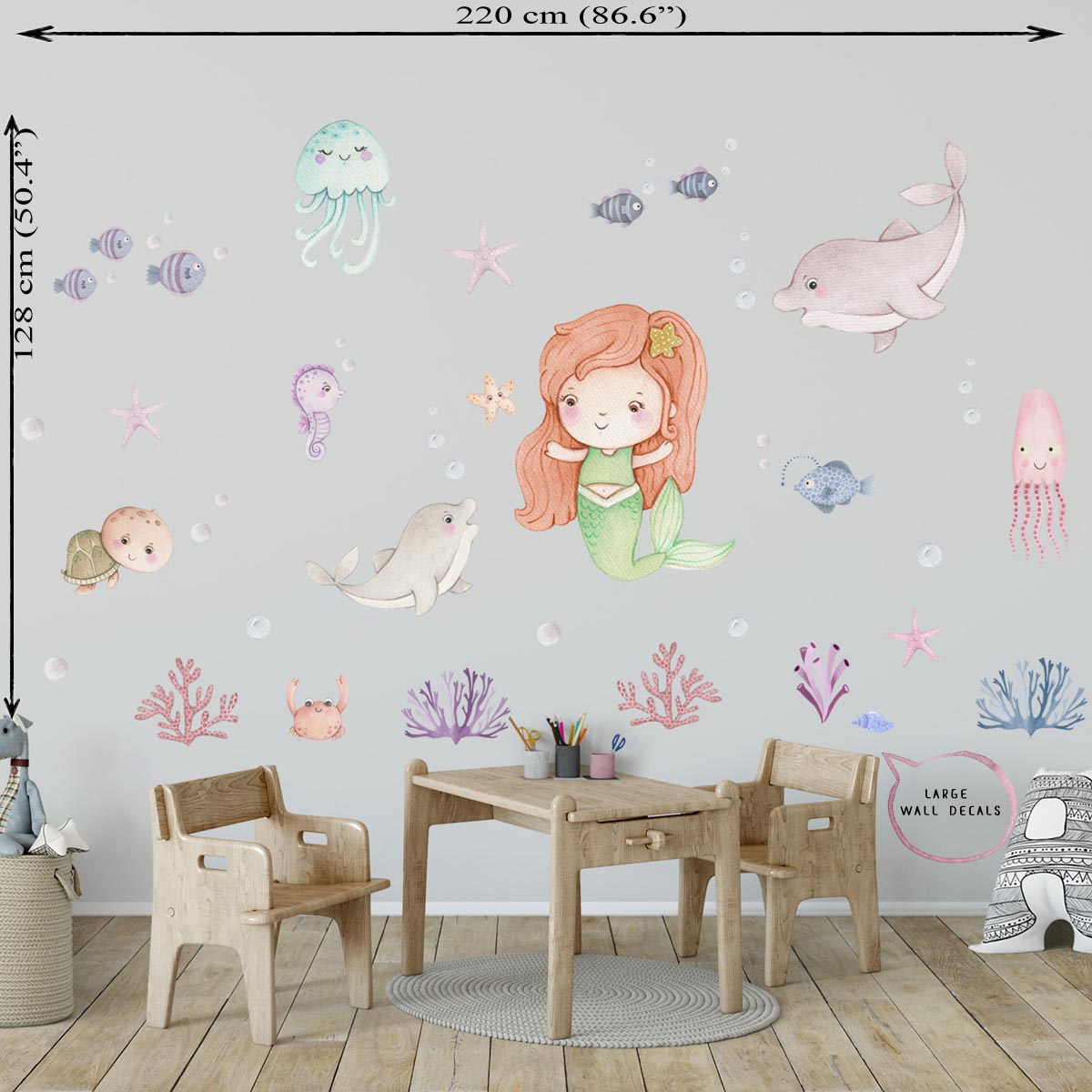 Mermaid, dolphins, sea - large wall stickers for kids-room.